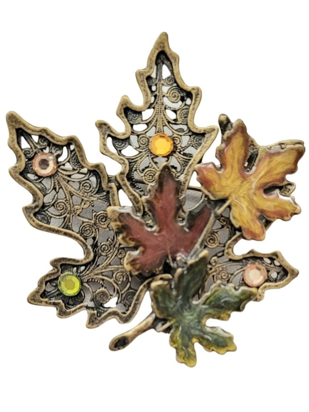 Kenneth Cole Enamel Rhinestone Fall Autumn Maple Leaf Pin Brooch, Signed